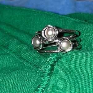 Pandora Sterling silver Wishes Ring three 3 Flowers 925 Tahitian pearls 7.5 / 56